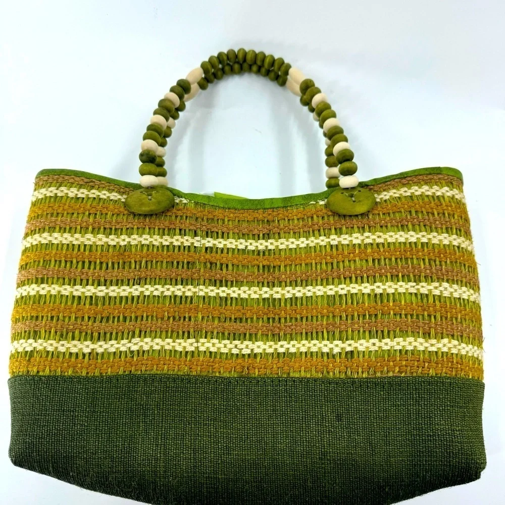 Unbranded Green/Tan Striped Tote with Beaded Handle‎ with Bow Detail